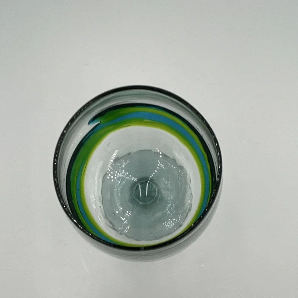 Mid Century Hand Blown Art Brandy type Glass  Blue and Green Decorative Swirl